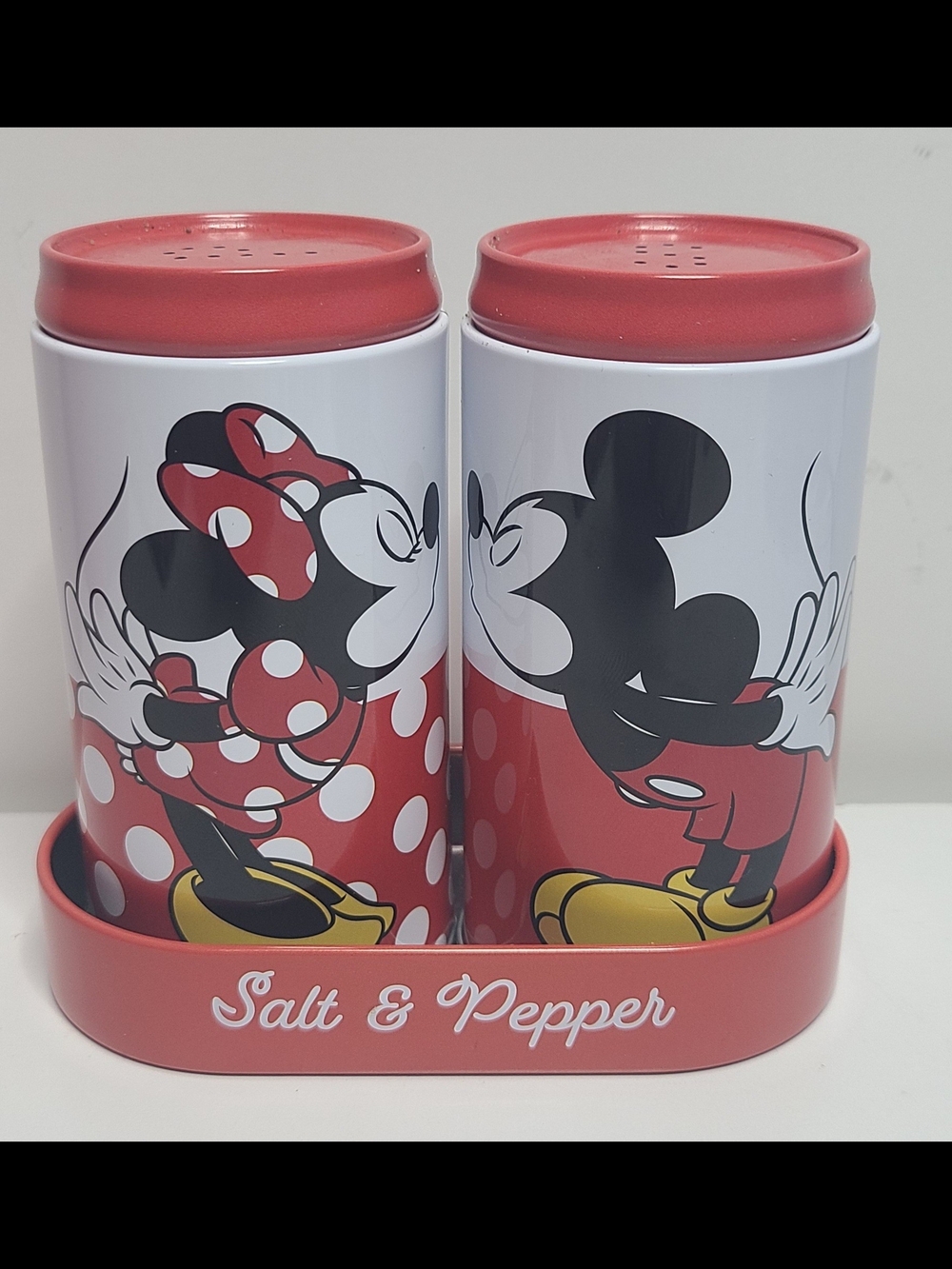 Disney Minnie & Mickey Red and White Salt & Pepper Shaker Set with Tray